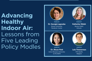 Webinar graphic titled Advancing Healthy Indoor Air featuring five circular headshots of panelists and a moderator with their names and affiliations.
