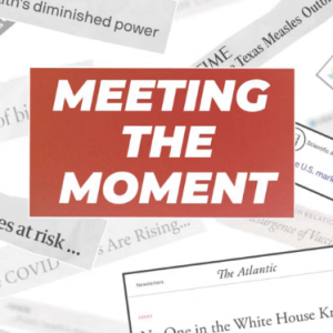 Photo from the cover 'Meeting The Moment' sits among a flurry of headlines