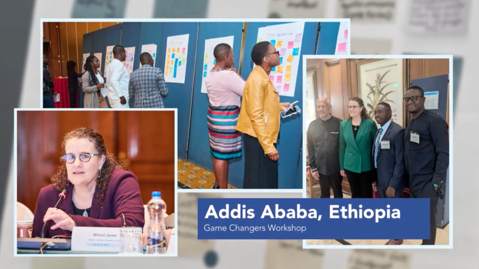 A collage showing a workshop in Addis Ababa, Ethiopia, with people collaborating on charts, a woman speaking at a table, and a group posing for photos.